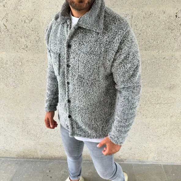 Erkek Pelüş Polar Hırka Gömlek – Yakalı, İlik Düğmeli, Göğüs Cepli, Yumuşak Dokulu Kışlık Regular Fit Rahat Günlük Model - 4