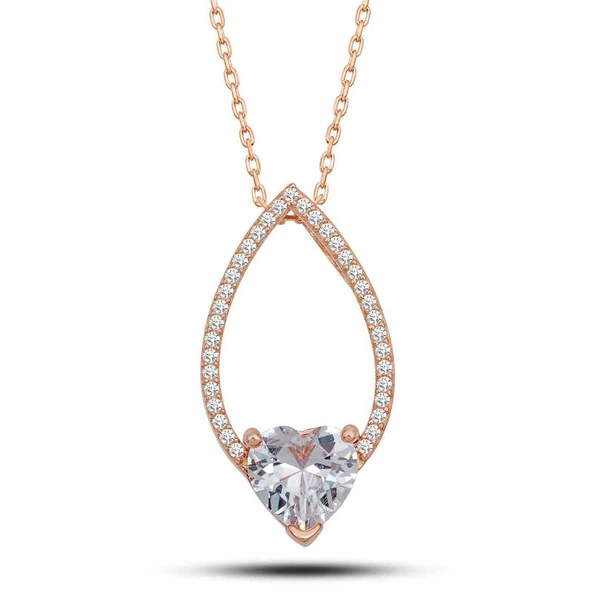 Gümüş Rose Kalp Beyaz Taşlı Damla Kadın Kolye - Resim 2