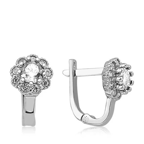 Gümüş Beyaz Çiçek Desenli Yuvarlak J Kadın Küpe - Resim 2