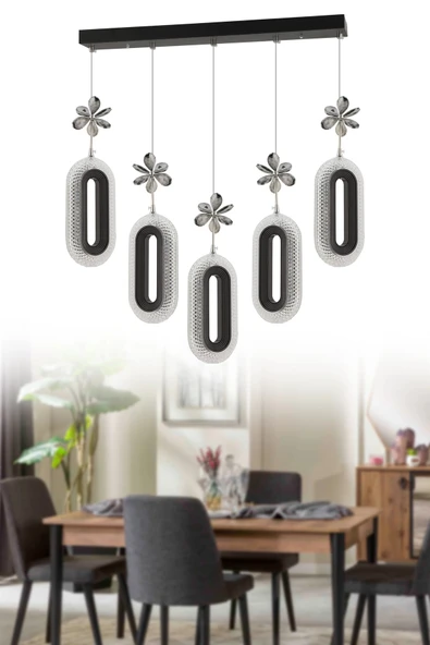 Alfa 5'li Sıralı Siyah Yemek Masası Kumandalı 3 Renk Ledli Modern Avize - Resim 2