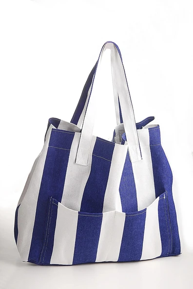 Kadın Kanvas 2 Cepli Günlük Renkli Plaj Omuz Çantası Mavi - Resim 4