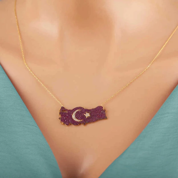 925 Ayar Gümüş Gold Ay Yıldız Türkiye Haritası Kadın Kolye - Resim 3