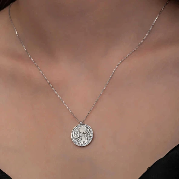 925 Ayar Gümüş Fil Motifli Şans Kadın Kolye - Resim 5