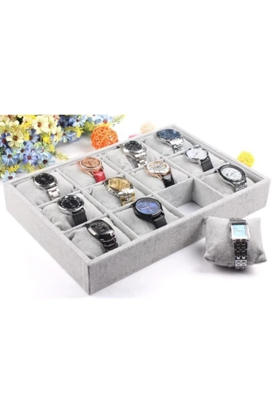 Süet Kumaş Gri Renk 12 Bölmeli Yastıklı Saat Bileklik Çekmece Ici Stand ürün görseli