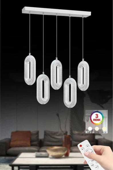 Beta Yemek Masası 5'li Gümüş Ledli Modern Kumandalı 3 Renk Led Avize ürün görseli 1