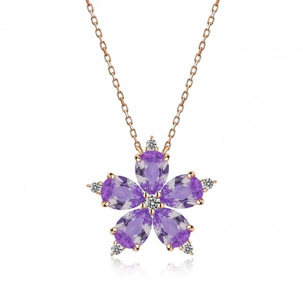 925 Ayar Gümüş Rose Lila Kamelya Çiçeği Kolye - Resim 2