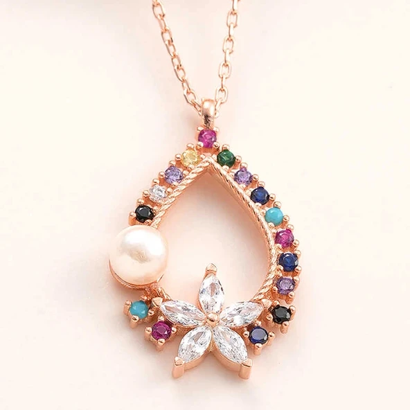 925 Ayar Gümüş Rose Renkli Taşlı Çiçekli Kadın Kolye ürün görseli 1