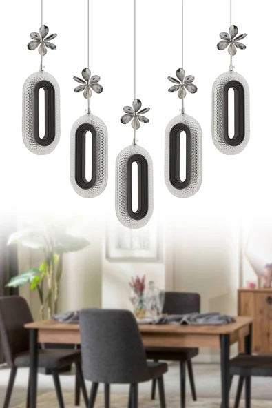 Alfa 5'li Sıralı Siyah Yemek Masası Kumandalı 3 Renk Ledli Modern Avize - Resim 4