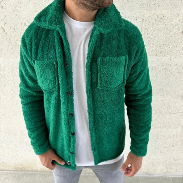 Erkek Pelüş Polar Hırka Gömlek – Yakalı, İlik Düğmeli, Göğüs Cepli, Yumuşak Dokulu Kışlık Regular Fit Rahat Günlük Model - 4