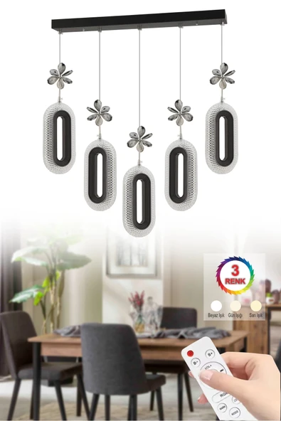 Alfa 5'li Sıralı Siyah Yemek Masası Kumandalı 3 Renk Ledli Modern Avize ürün görseli 1