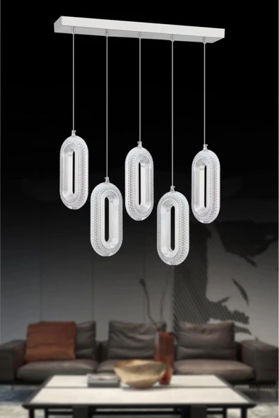 Beta Yemek Masası 5'li Gümüş Ledli Modern Kumandalı 3 Renk Led Avize - Resim 2