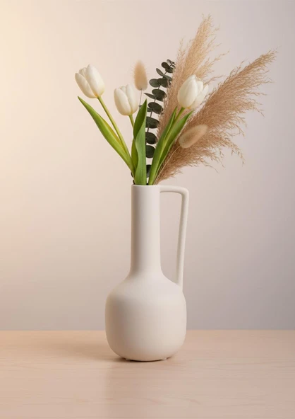 Fiona Seramik Vazo Kulplu, Beyaz 25 CM - 2