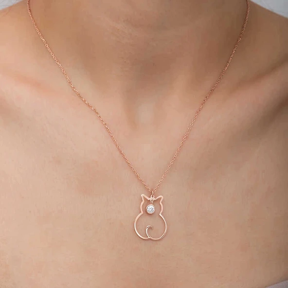 925 Ayar Gümüş Nisan Ayı Doğum Taşı Kedi Kadın Kolye - Resim 4
