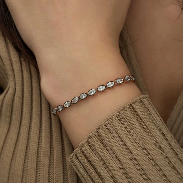 Gümüş Rose Oval Kesim Elmas Montür Asansör Bileklik - Resim 4