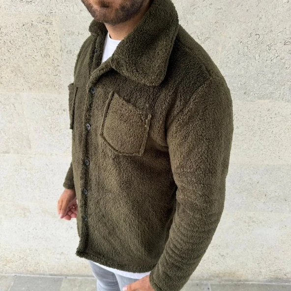 Erkek Pelüş Polar Hırka Gömlek – Yakalı, İlik Düğmeli, Göğüs Cepli, Yumuşak Dokulu Kışlık Regular Fit Rahat Günlük Model - 3