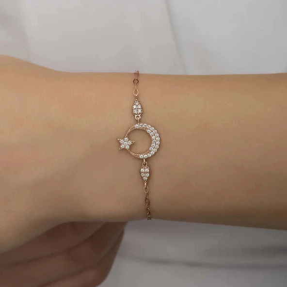 925 Ayar Gümüş Rose Ay Yıldız Kadın Bileklik - Resim 3