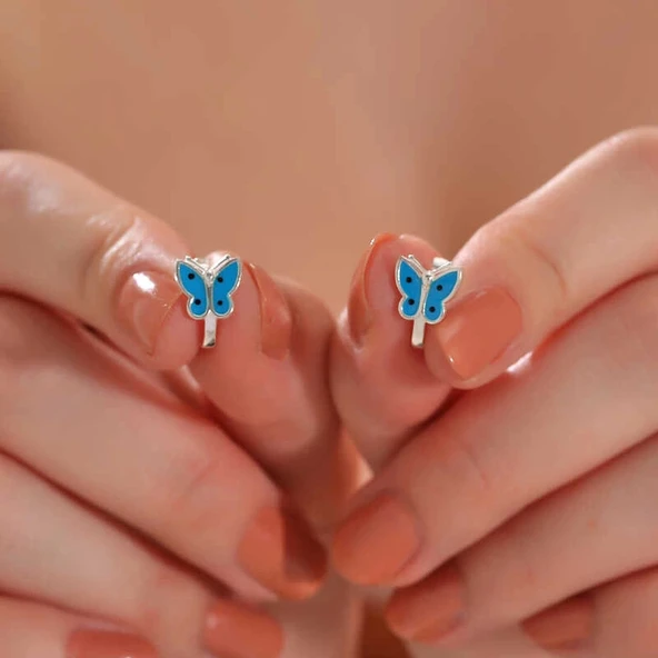 Gümüş Mavi Kelebek Çocuk Küpesi - Resim 2