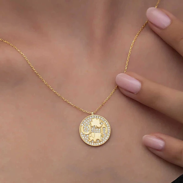 925 Ayar Gümüş Gold Fil Motifli Şans Kadın Kolye - Resim 4