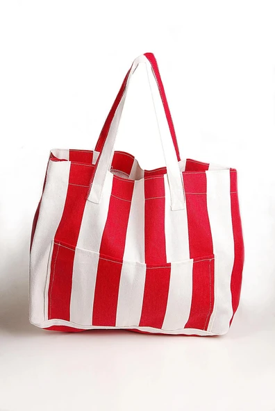 Kadın Kanvas 2 Cepli Günlük Renkli Plaj Omuz Çantası Kırmızı - Resim 2