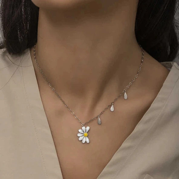 925 Ayar Gümüş Papatya Seviyor Sevmiyor Bayan Gümüş Kolye - Resim 4