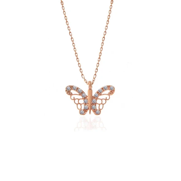925 Ayar Gümüş Rose Kelebek Kadın Gümüş Kolye - Resim 2