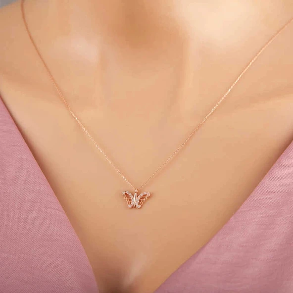 925 Ayar Gümüş Rose Kelebek Kadın Gümüş Kolye ürün görseli 1