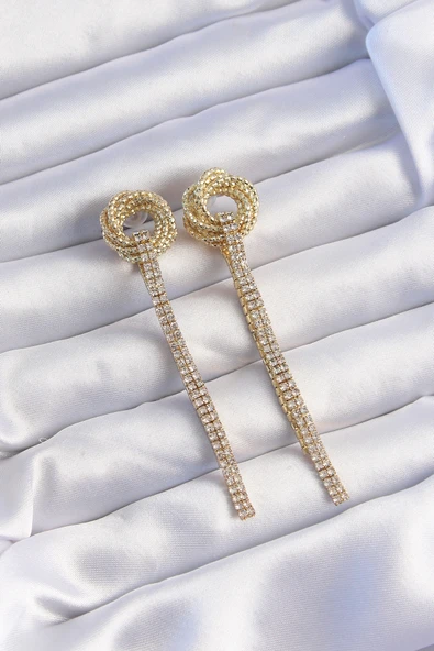 Pirinç Gold Renk Zirkon Taşlı Kıvrım Detay Sallantılı Küpe - TJ-BKP9254 ürün görseli