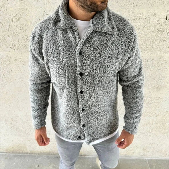 Erkek Pelüş Polar Hırka Gömlek – Yakalı, İlik Düğmeli, Göğüs Cepli, Yumuşak Dokulu Kışlık Regular Fit Rahat Günlük Model - 3