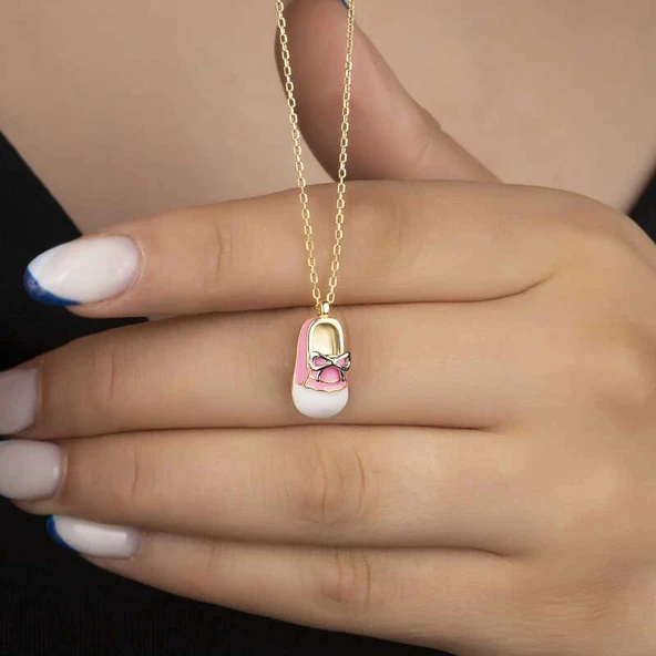 925 Ayar Gümüş Gold Kız Çocuk Pabuç Kadın Kolye - Resim 2