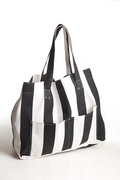 Kadın Kanvas 2 Cepli Günlük Renkli Plaj Omuz Çantası Siyah - Resim 5