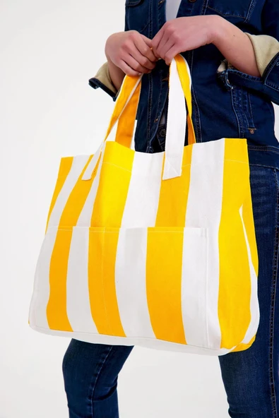 Kadın Kanvas 2 Cepli Günlük Renkli Plaj Omuz Çantası Sarı ürün görseli 1