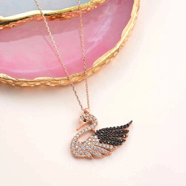 925 Ayar Gümüş Rose Kuğu Kadın Kolye - Resim 2