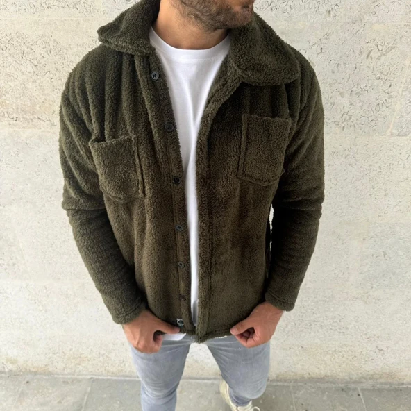 Erkek Pelüş Polar Hırka Gömlek – Yakalı, İlik Düğmeli, Göğüs Cepli, Yumuşak Dokulu Kışlık Regular Fit Rahat Günlük Model - 4