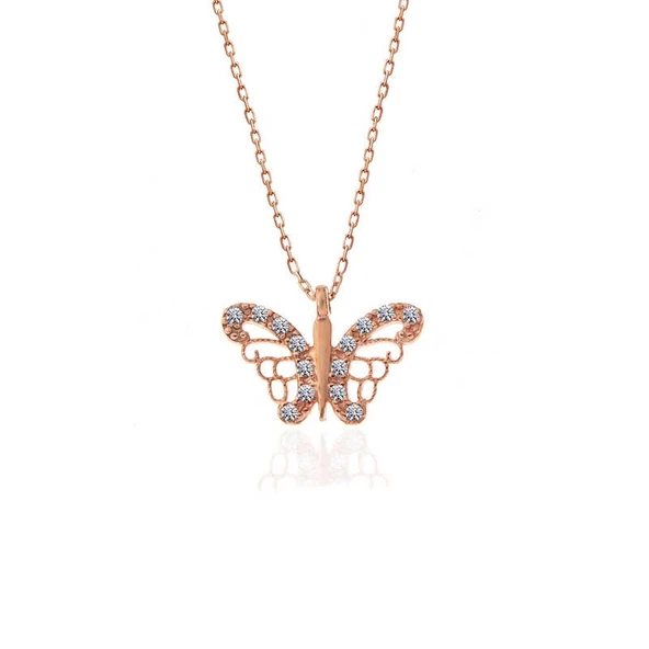 925 Ayar Gümüş Rose Kelebek Kadın Gümüş Kolye - Resim 3