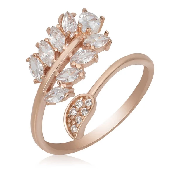 Gümüş Rose Ayarlanabilir Beyaz Taşlı Yaprak Kadın Yüzük - Resim 3