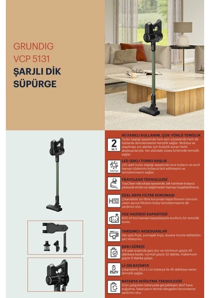 Grundig VCP 5131 Şarjlı Dikey Süpürge - Resim 6