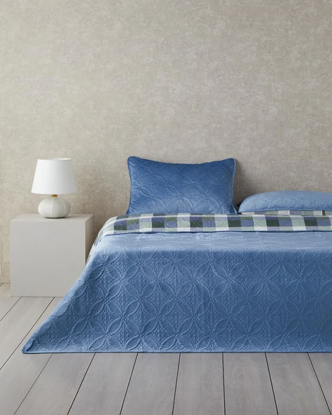 English Home Ornate Check Çift Taraflı Kadife Çift Kişilik Yatak Örtüsü Takımı 200x220 cm Koyu Mavi ürün görseli