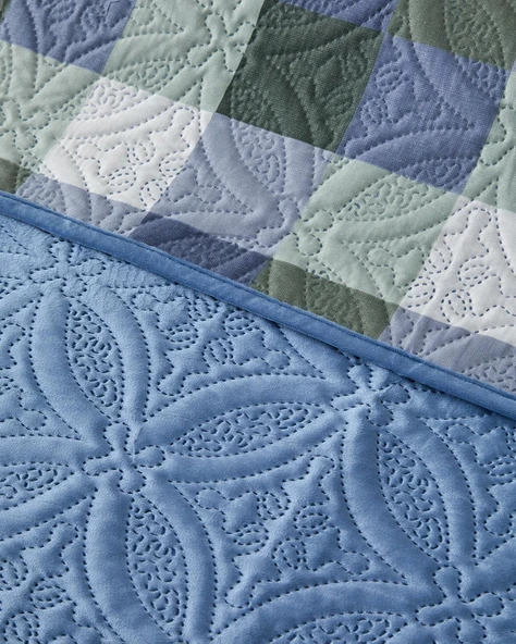 English Home Ornate Check Çift Taraflı Kadife Çift Kişilik Yatak Örtüsü Takımı 200x220 cm Koyu Mavi - Resim 3