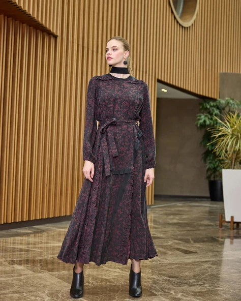 Misswhence Desenli Cupro Elbise 38829 bordo - Resim 6