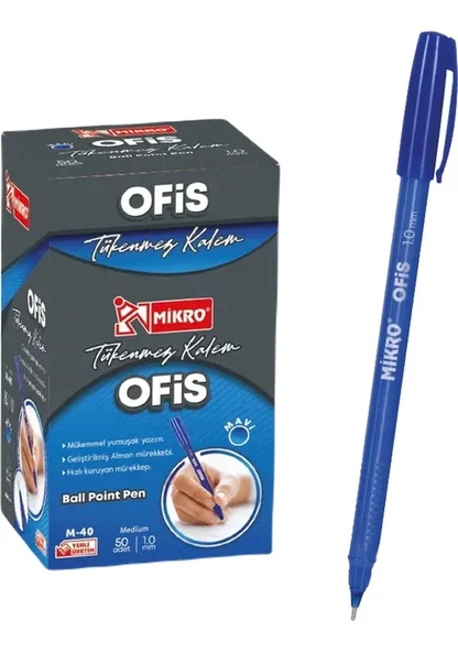 Mikro Mavi Ofis Tipi Tükenmez Kalem 50 Adet Ball Pointpen Mavi
