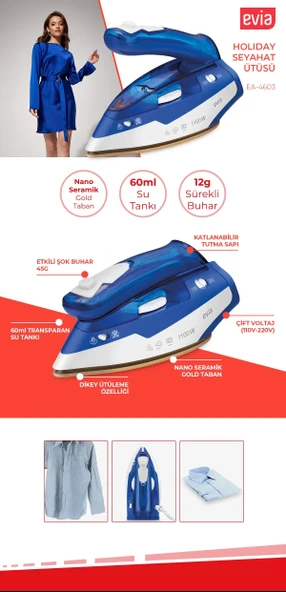 Evia Holiday Seramik Tabanlı Etkili Şok Buharlı Katlanabilir Dikey Ütüleme Özellikli Seyahat Ütüsü EA-4603 - Resim 3