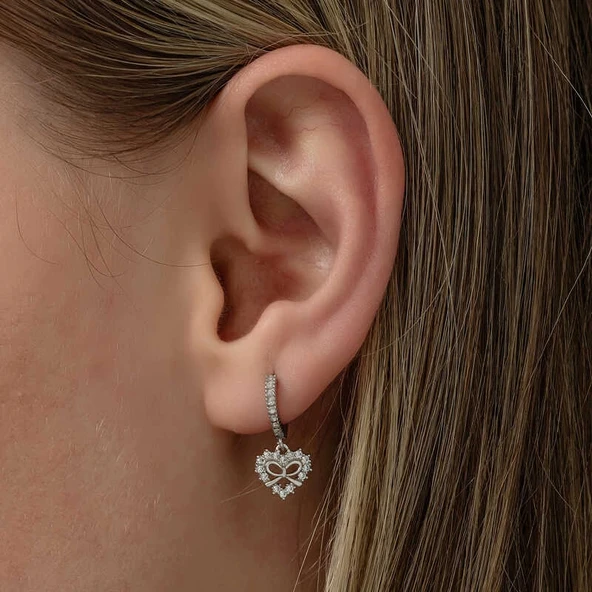 Gümüş Kalp Kurdele Sallantılı Kadın Küpe - Resim 2