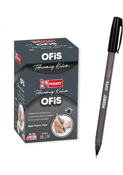 Mikro Siyah Ofis Tipi Tükenmez Kalem 50 Adet Ball Pointpen Siyah