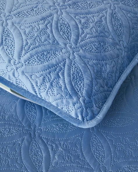 English Home Ornate Check Çift Taraflı Kadife Çift Kişilik Yatak Örtüsü Takımı 200x220 cm Koyu Mavi - Resim 4