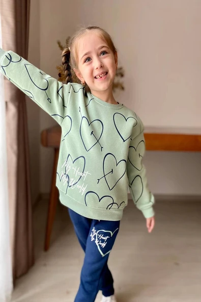Kalp Desenli Yeşil Renk 3 İplik Kız Çocuk Takım - Resim 2