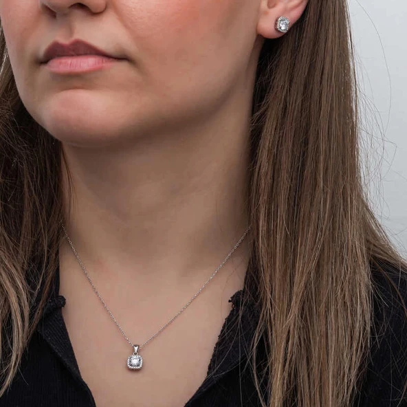 925 Ayar Gümüş Kare Montür Tek Taş Kadın Set ürün görseli 1