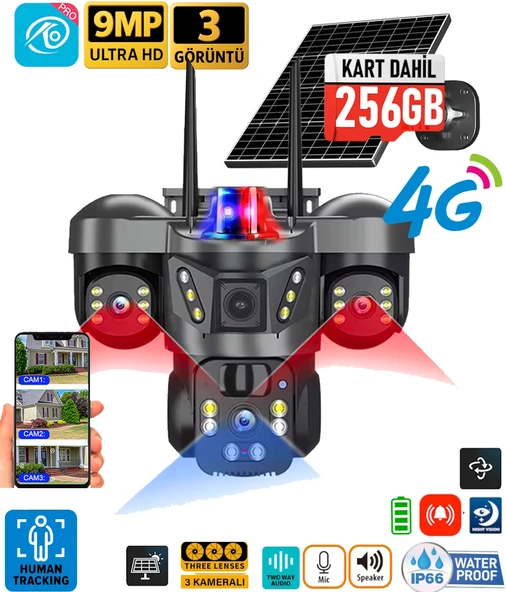O-Kam 7070 256GB 9MP Lens 3 Kamera UltraHD 4G Solar Akıllı Güvenlik Kamerası