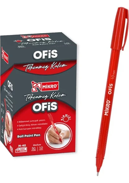 Mikro Kırmız Ofis Tipi Tükenmez Kalem 50 Adet Ball Pointpen Kırmızı