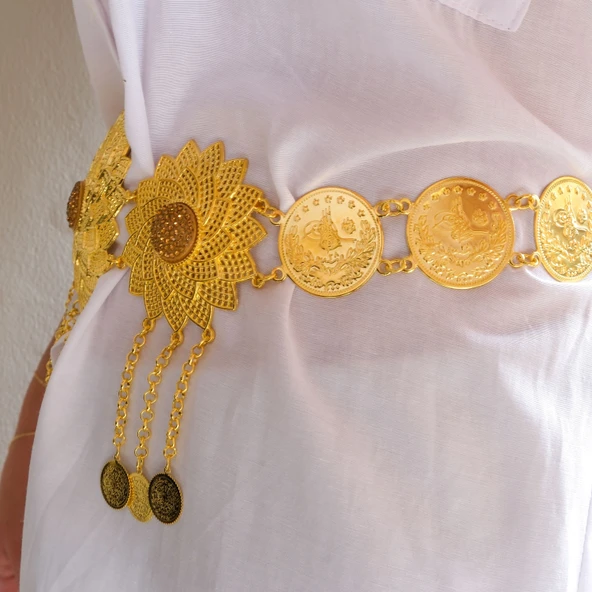 Altın Kaplama İmitasyon Çiçek Desenli Urfa Akıtma Kemer KMR-121 - Resim 2