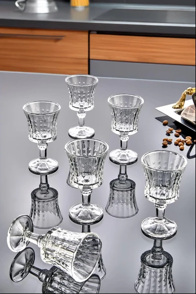 Modern Çizgili Desenli 6’lı Ayaklı Cam Kahve Yanı Su Bardak Seti Takımı ürün görseli 1